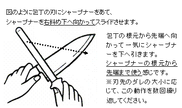 包丁の刃にシャープナーをあて、シャープナーを右斜め下へ向かってスライドさせます